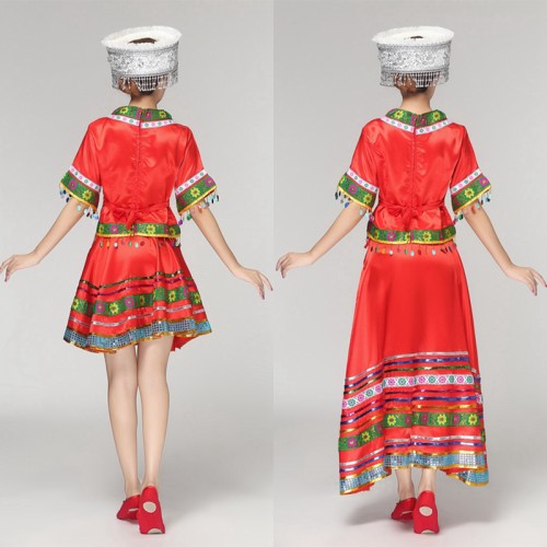 Turquoise red pink Ancient Traditional Hmong Clothes dresses Miao Clothing ancient dance clothes